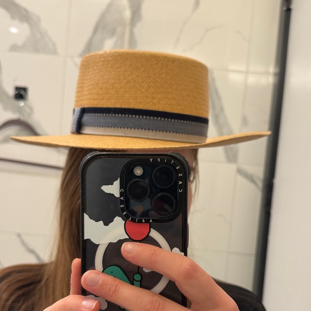 Tan Straw Hat with blue toned Band